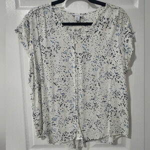 Liz Claiborne White and Blue Button Front Short Sleeve Blouse in Size XXL